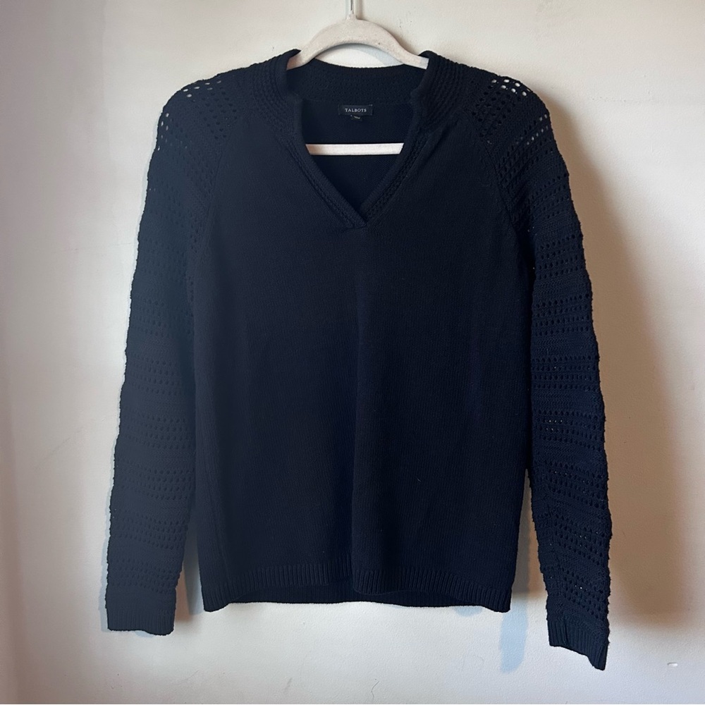 Talbots Black V-Neck Sweater with Open Knit Crochet Sleeves Sz Small Women’s